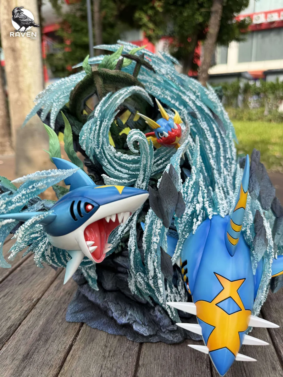 "Dynamic Sharpedo Evolution Group resin statue by Raven Studio, showcasing fierce aquatic power, intricate details, and vibrant LED effects."