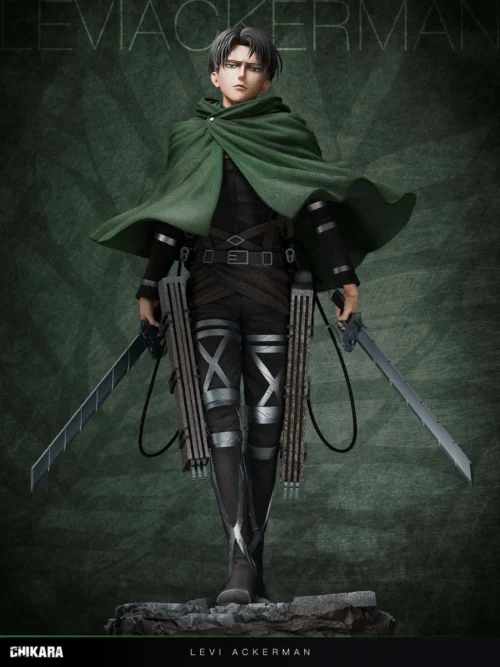 "1/6 Levi Ackerman & Floch Forster Attack Titan figures show intense battle poses, detailed uniforms, and sculpture from many angles."