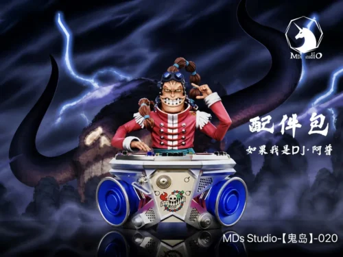 "Dynamic Scratchmen Apoo One Piece figure in a playful Onigashima Showdown pose, showcasing his musical combat style and cool optional DJ base."