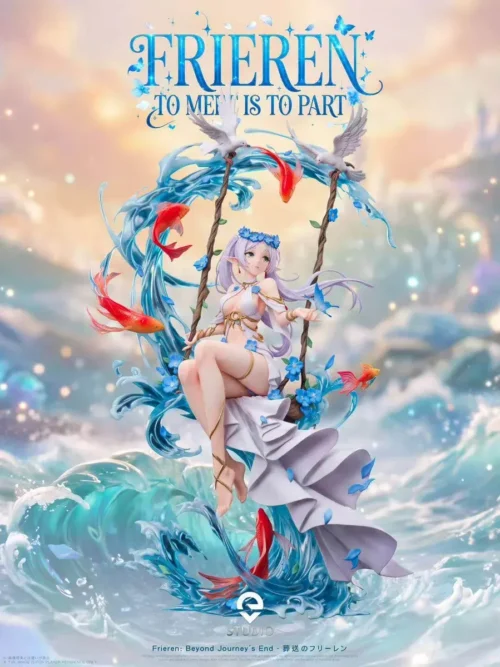Frieren 1/6 figure from EVE Studio seated on a swing amid sculpted ocean waves, koi, and blue blossoms, limited to 108 water-spirit statues.