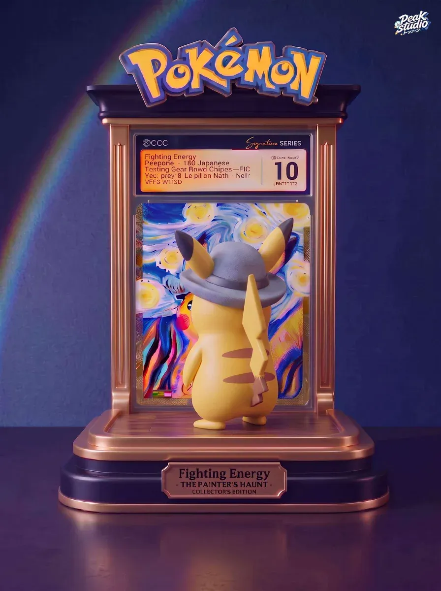 Van Gogh Starry Night Pikachu diorama figure in a gray hat displayed in a gold frame with Pokémon logo and Fighting Energy plaque.