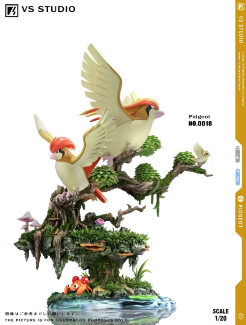 Majestic Pidgeot Evolution Pokemon statue by VS Studio, showing dynamic Pidgeot, Pidgeotto, and Pidgey in flight over an ecological diorama base.