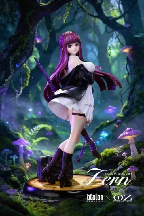 Limited 199-piece tattooed 1/6 Fern figure from Frieren poses in a white dress and black jacket among glowing mushrooms in an enchanted forest.