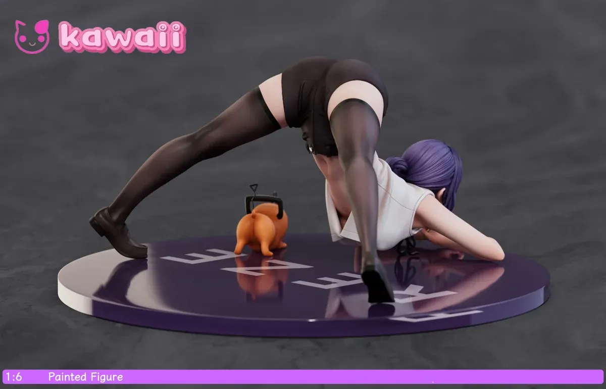 A dynamic and alluring 1/6 scale Chainsaw Man Reze statue in her iconic Jack-O Pose, showcasing vibrant sculpted details and featuring Pochita.