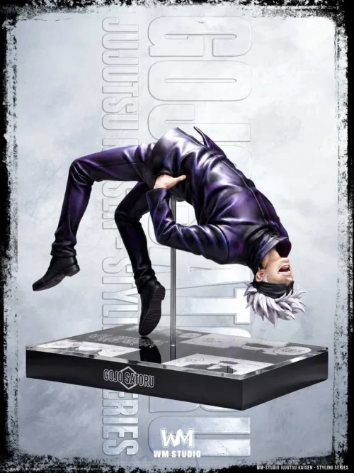Gojo Satoru figure in iconic mid-air inverted fall, 1/6 resin statue with glossy purple suit, blindfold, and floating acrylic base.