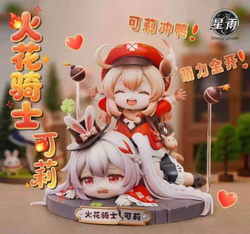 Cheering chibi Klee Genshin figure stands on a giant sleepy companion head base with bombs and clover accents.