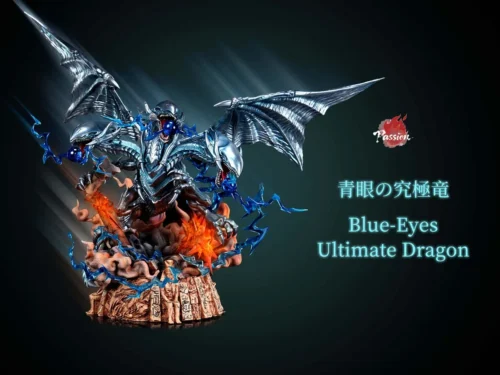 "Exclusive Yu-Gi-Oh! Blue-Eyes Ultimate Dragon resin statue, showcasing the majestic three-headed dragon in dynamic flight, radiating immense power."