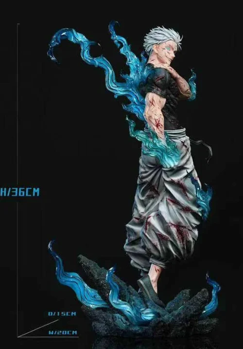 "Gojo Satoru 1/6 Jujutsu Kaisen statue. Dynamic pose, LED, and intricate hand-painted details from various angles in a shattered shrine."