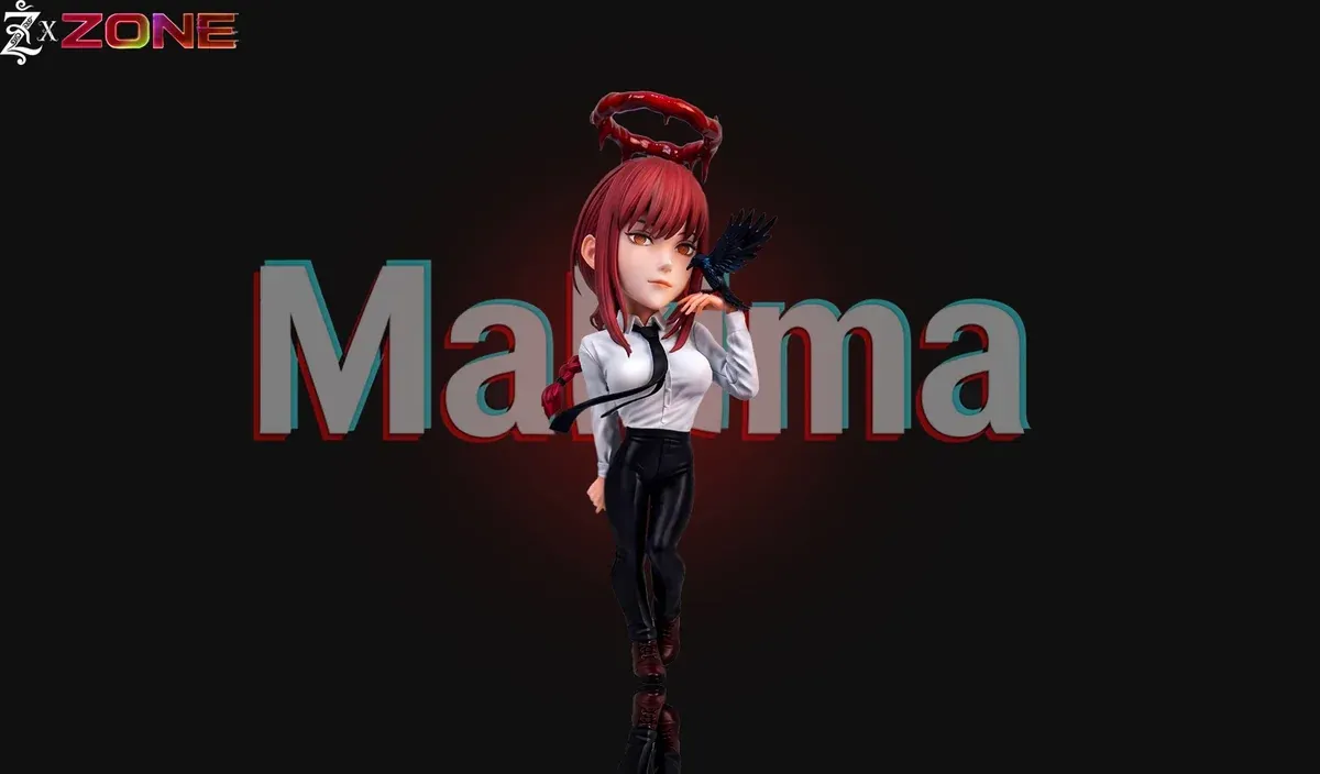 Artistic 8cm Makima figure from Chainsaw Man features crimson hair, a halo overhead, and a crow perched on her hand.