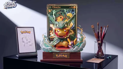 "Detailed shot of the limited edition 1/6 Pikachu Rayquaza LED resin statue, emphasizing dynamic translucent Rayquaza effects and intricate sculpting.“
