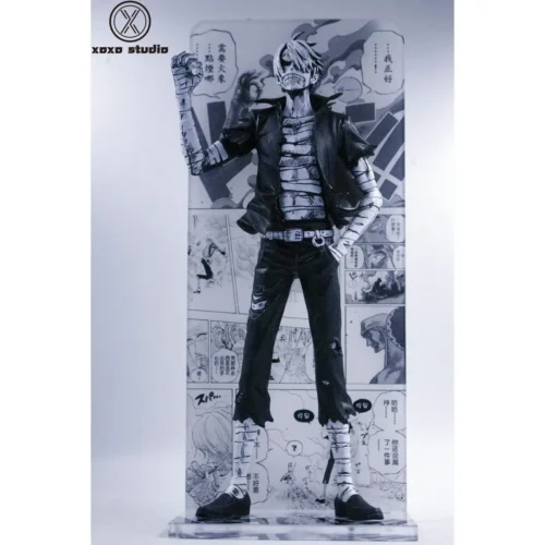 "Limited edition XOXO Studio Black and White Sanji One Piece resin statue, dynamically smoking, capturing its premium monochrome manga art style."