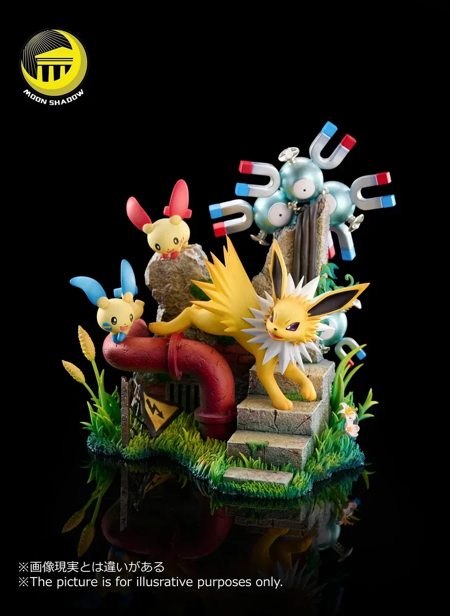 "Dynamic Jolteon resin statue by Moon Shadow Studio, showcasing intricate electric details and vibrant landscape from a unique angle."