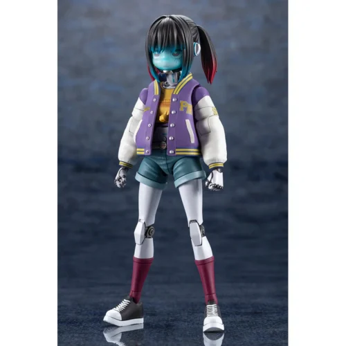 "Dynamic Makina Model Kit by Kotobukiya: playful mecha-girl statue with intricate details and futuristic weapon, ideal for custom display."