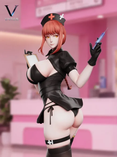 This limited 188-unit 1/6 Makima Reze statue by VIVI Studio features a glossy pink hospital set, black nurse outfit, syringe, and back-turned pose.
