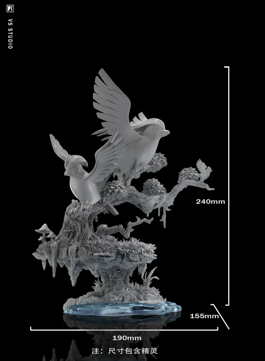Detailed view of the Pidgeot Evolution VS Studio Pokemon statue, showcasing its dynamic flight group and intricately sculpted ecological diorama base.