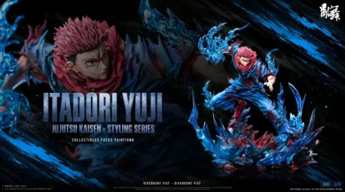 Itadori Yuji resin statue in dynamic pose with translucent blue Black Flash cursed energy, crimson fragments, and sculpted ink-splash battlefield.