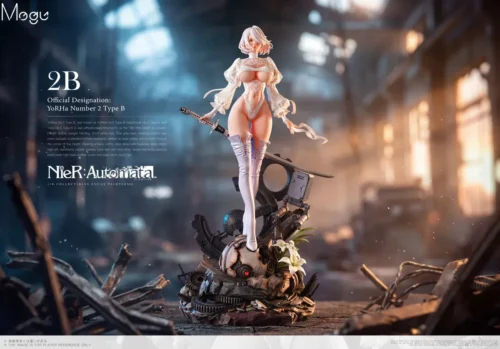 "Premium 1/4 scale Nier Automata 2B statue. Explore detailed views of her striking black attire, blindfold, katana, and elegant combat pose."