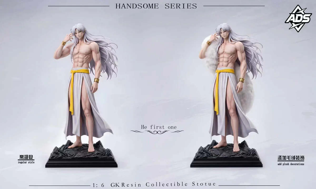Sesshomaru resin statue in 1/6 scale, shown with and without plush fur on a rocky base, highlighting his silver hair and white slit robe.