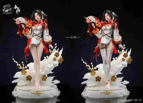 "Limited Edition 1/4 scale Bai Chou original resin statue. Ethereal dancing maiden in flowing white silk with elegant crane motifs, embodying serene."