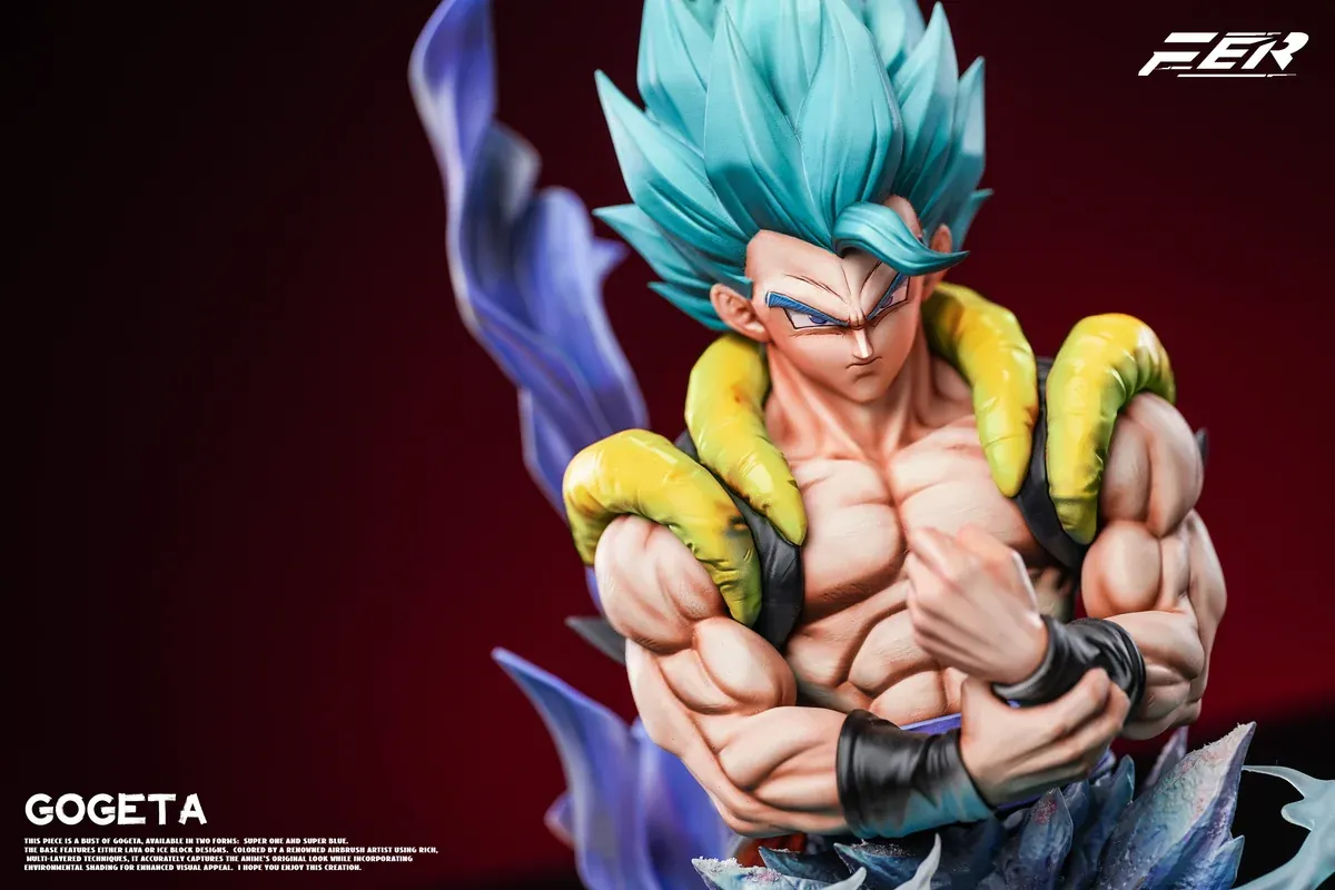 Blue-haired Super Saiyan Gogeta bust statue by FXW FER Studio, a limited Dragon Ball Gogeta bust with crossed arms, halo, and icy aura.