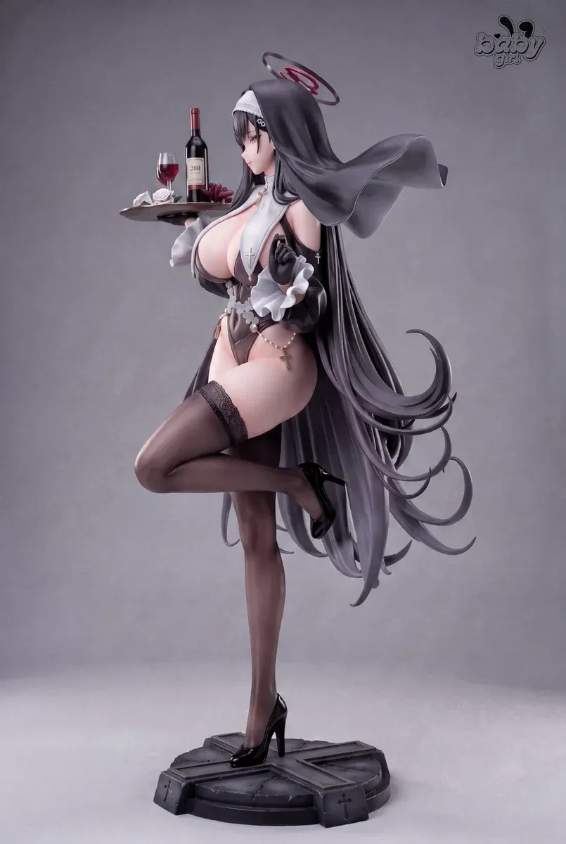Tsukiyomi Rion Blue Archive statue by Baby Girl Studio, limited dual-scale GK figure in gothic nun attire with wine tray and cross halo.
