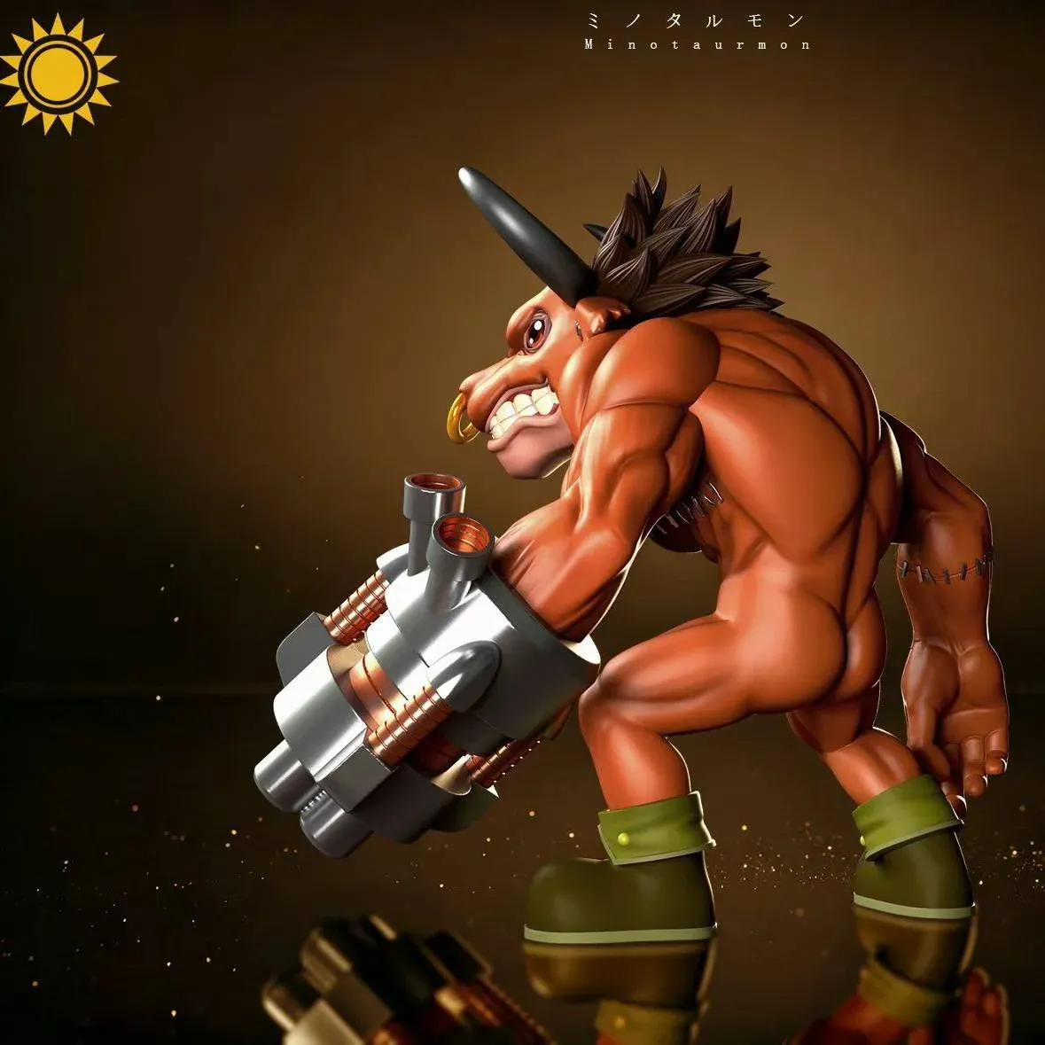 "Minotaurmon Digimon resin statue by Sun Toys Studio. Highly detailed sculpt, dynamic pose, and fierce expression shown from various angles."