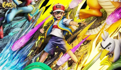 Ash Ketchum Pokemon statue by EMO Studio features Ash in dynamic pose amid explosive LED-lit 50cm sculpted battlefield diorama with Pikachu trophy."