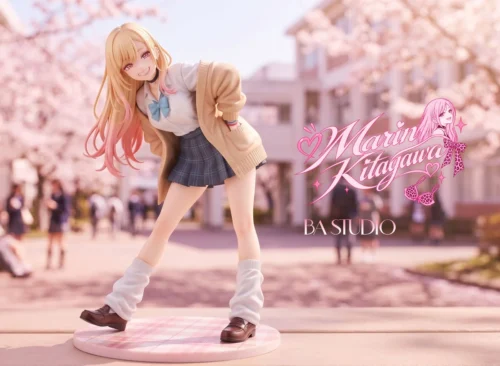 Playful 1/6 Marin Kitagawa figure by BA Studio with blonde-pink hair, tan cardigan, plaid skirt, and a cherry-blossom base.
