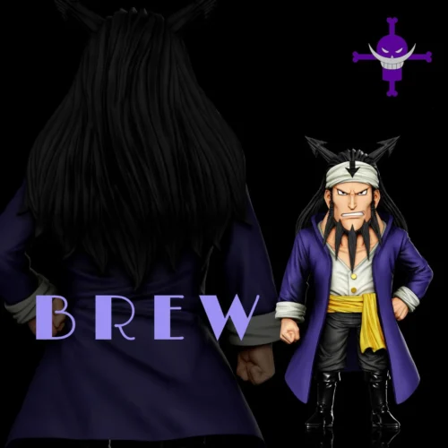 One Piece Brew figure by A+ Studio features the purple-coated long-haired pirate on a blue base, the tenth Whitebeard ally resonance piece.