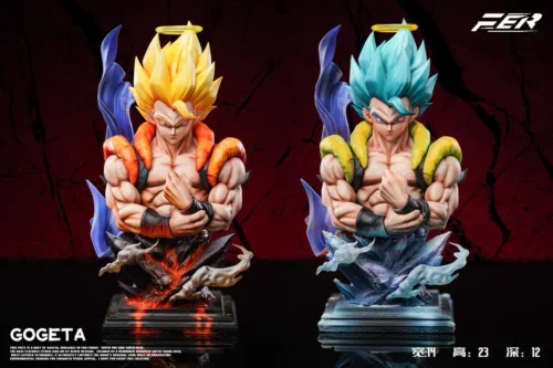 FXW FER Studio presents a limited Dragon Ball Gogeta bust with dual Super Saiyan forms, fiery and icy auras, halos, and crossed arms.