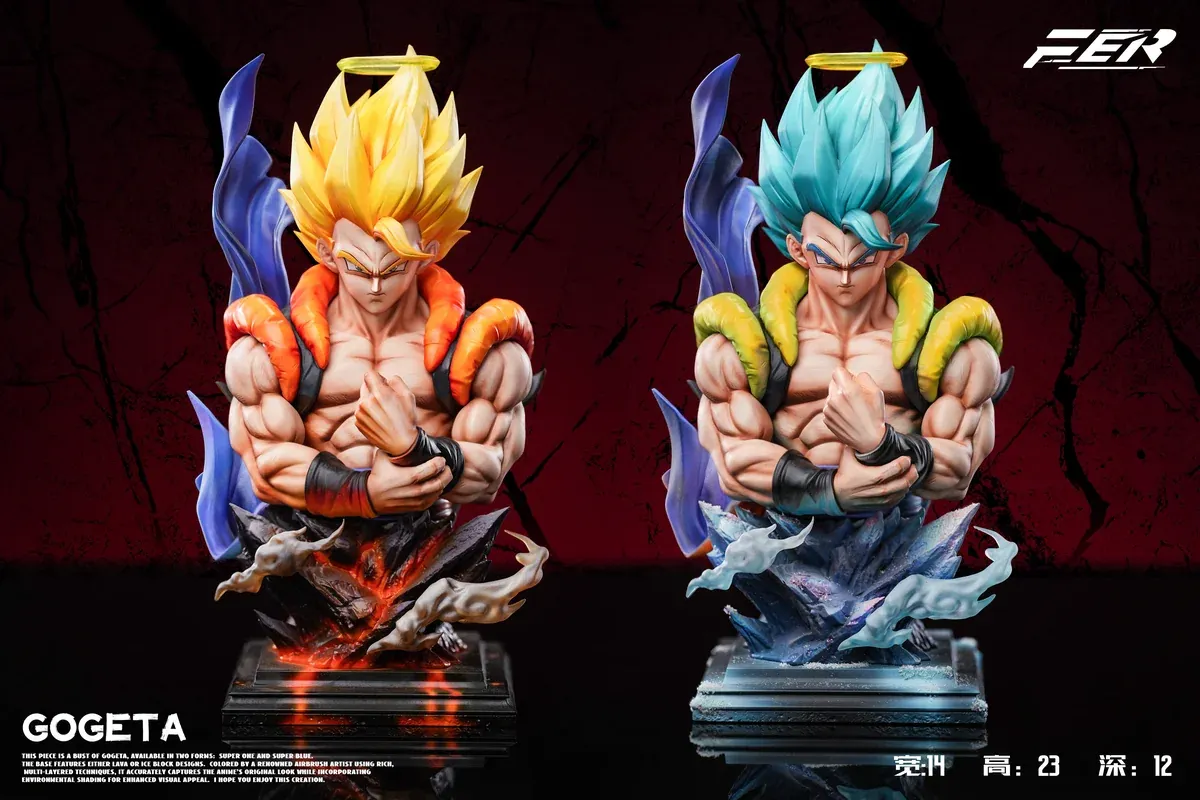 FXW FER Studio presents a limited Dragon Ball Gogeta bust with dual Super Saiyan forms, fiery and icy auras, halos, and crossed arms.