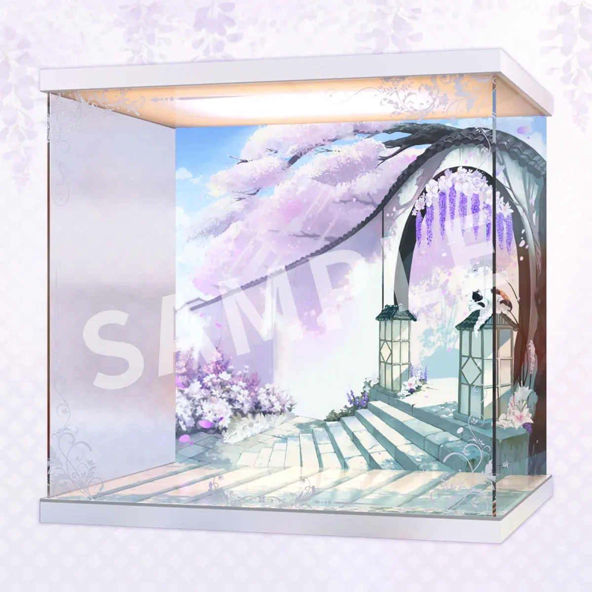 "Premium acrylic display case with integrated LED lighting, elegantly illuminating the official 1/7 Azur Lane Kroos Wisteria Heart statue."