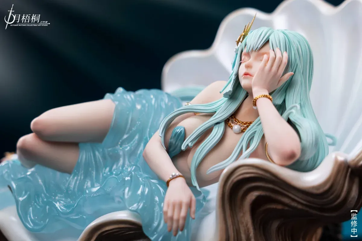 "Detailed view of the exquisite 1/6 Haishe Clam Girl original resin statue by October Wutong Studio, showcasing the ethereal spirit and intricate.“