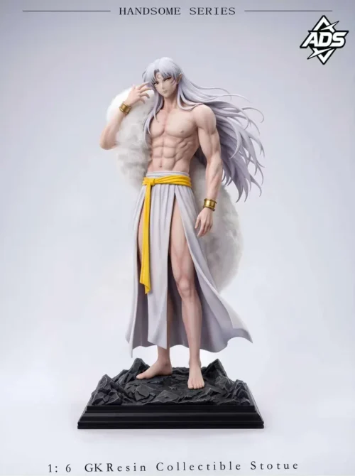 Silver-haired Sesshomaru resin statue with bare muscular torso, white slit robe, yellow sash, optional plush fur, and rocky base.