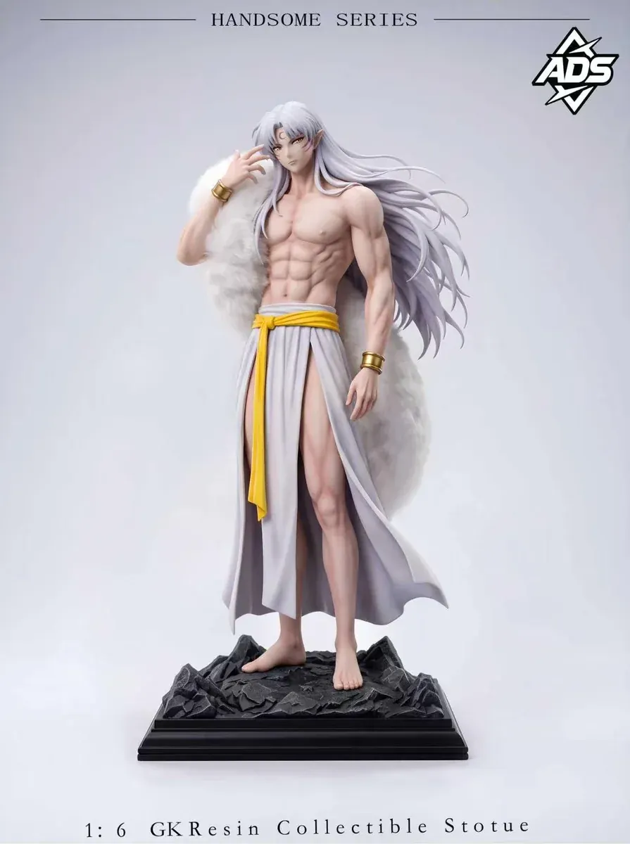 Silver-haired Sesshomaru resin statue with bare muscular torso, white slit robe, yellow sash, optional plush fur, and rocky base.