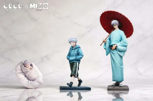 Premium 1/6 Gojo Satoru Jujutsu Kaisen figure set captures three life stages: infant, hoodie teen, and kimono adult with red umbrella.