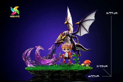 "Exquisite, limited edition MapleStory statue of Dragon Master Freud & Mir, depicting a dynamic battle with a majestic dragon."