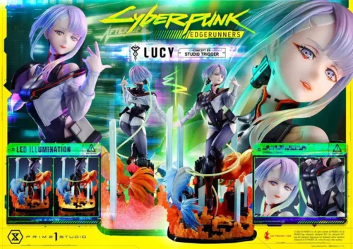 Lucy Cyberpunk Edgerunners statue by Prime 1 Studio stands on a neon Night City rooftop with LED glowing twin koi and glitch pixel base.