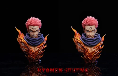 "Detailed angles of the exclusive 1/6 Ryomen Sukuna Jujutsu Kaisen LED statue from Chenjing Studio, highlighting dual head sculpts and illuminated shrine."