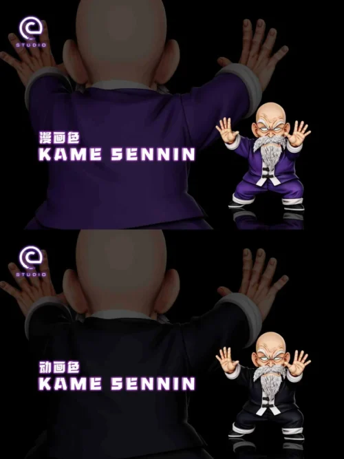 "Premium Dragon Ball Z Master Roshi statue capturing the iconic Mafuba technique against Piccolo with dynamic energy effects, a powerful collectible."