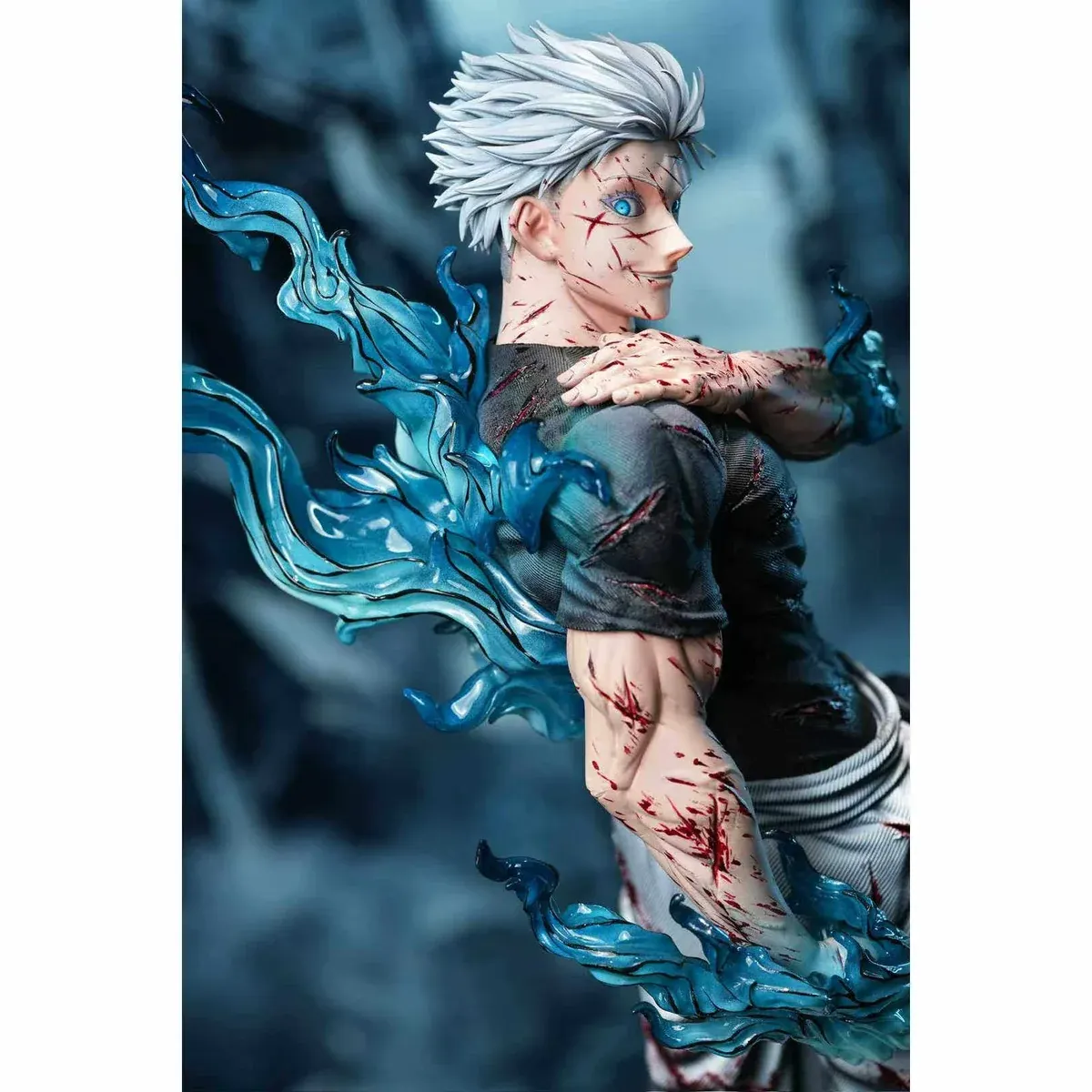 "Dynamic 1/6 Gojo Satoru Jujutsu Kaisen statue detail, showcasing hand-painted features, illuminating LED effects, and powerful stance on shrine."