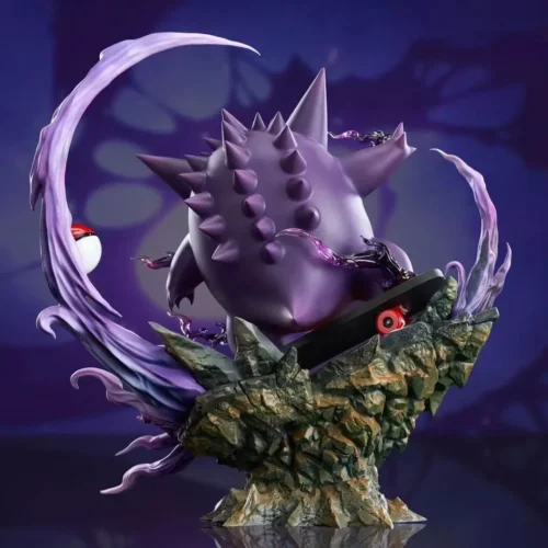 Limited 50-unit Gengar figure by Ntwo Studio skateboarding on rocky base with purple swirls and Poke Ball, rear sculpt detail.