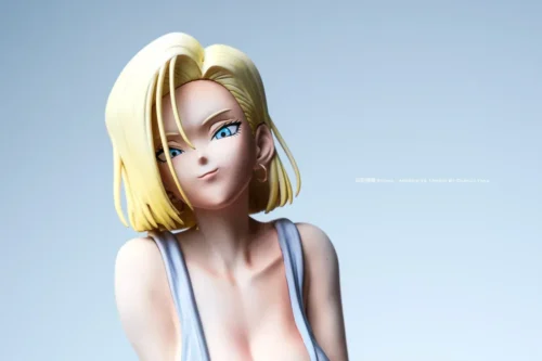 Close-up portrait of the Android 18 figure shows her playful smirk, blonde bob, blue eyes, and sculpted details in this 1/5 scale Dragon Ball statue.