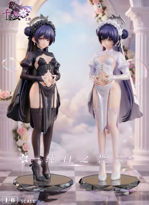The Senbonzakura Studio Blue Archive Kisaki 1/6 scale figure pairs white and black bridal lace gowns with pearls, bubbles, and marble columns.