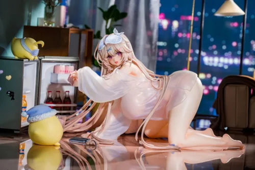 1/6 Anchorage Azur Lane figure in a silky white robe kneels by a mini fridge, with city bokeh in this limited 99-piece late-night scene.