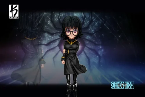 WCF-scale Shizuku Phantom Troupe figure in chibi gothic black suit with purple glasses, gold cross, and spider emblem backdrop.
