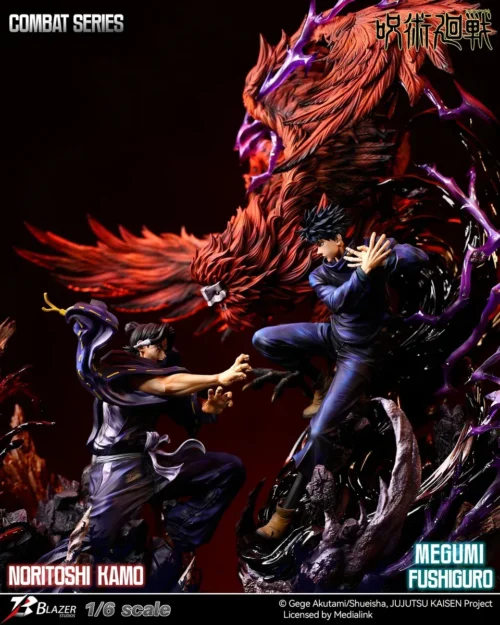 "Official 1/6 scale Jujutsu Kaisen statue featuring dynamic Fushiguro Megumi and Kamo Noritoshi in battle, showcasing intricate details and premium."