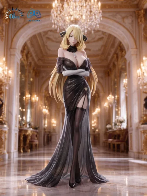 "Stunning 1/6 Cynthia Pokémon figure in an elegant evening gown, captured in a dynamic pose. This limited edition collectible exudes premium sophistic."