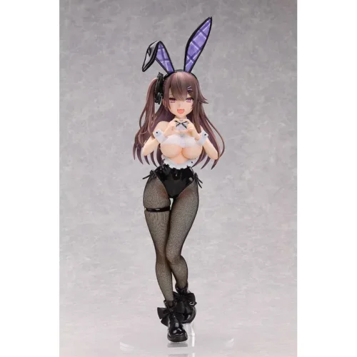 Mercury Memorial Bunny Figure from Azur Lane stands 48.5cm tall with purple bunny ears, black fishnet suit, long brown hair, and a playful pose.