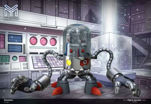 This mechanical Nanomon Digimon figure is a detailed 5cm collectible in a glass dome within a retro digital lab full of cables.